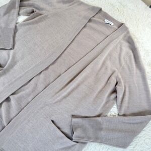 Nordstrom Beige Merino Wool Cardigan Large Open Front Knit Sweater Cozy Academia